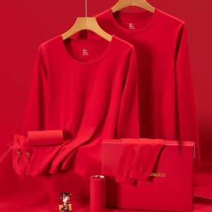 OEM定制大红色本命年保暖内衣男女秋冬保暖套装纯棉秋衣秋裤盒装