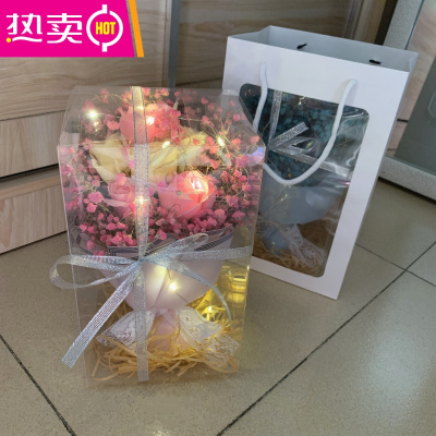 满天星手捧花情人节送女朋友花束鲜花玫瑰生日礼物网红包装送人闺FENGHOUM42-小号串灯玫瑰花粉色+礼盒手袋C