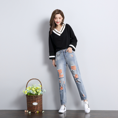 夏季新款宽松膝盖破洞牛仔裤女九分直筒裤韩版bf学生高腰显瘦