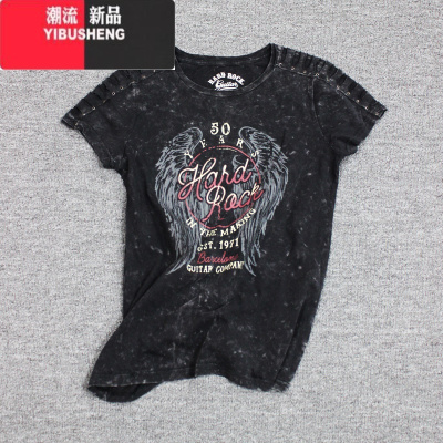 YIBUSHENGHR硬石摇滚短袖T恤女款季街头绣花复古字母圆领打底衫镶钻钉珠