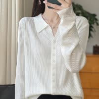 精纺羊毛纯色女翻领长袖开衫针织衬衫毛衣上衣多扣设计感显瘦修身