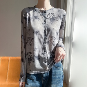丝光25春夏季女短款圆领宽松拼色晕染薄上衣印花针织防晒开衫