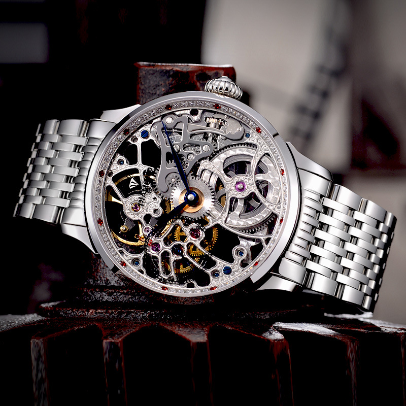 上海钻石牌手表男机械表男士大表盘镂空防水机械男表7100钻石表 白钢