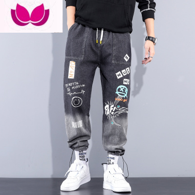 七斓2021春季工装牛仔裤男欧美潮牌宽松街头嘻哈小字母印花休闲哈伦裤