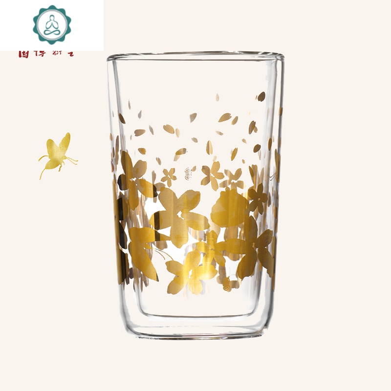 花蝶双层玻璃杯描金贴花杯子复古茶杯家用水杯 封后