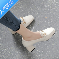 SUNTEK高跟单鞋女2023春秋新款粗跟百搭方头软皮时尚休闲工作乐福鞋