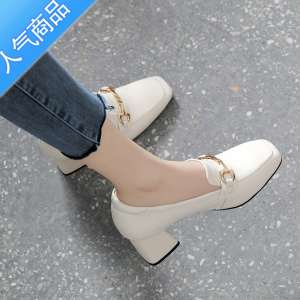 SUNTEK高跟单鞋女2023春秋新款粗跟百搭方头软皮时尚休闲工作乐福鞋