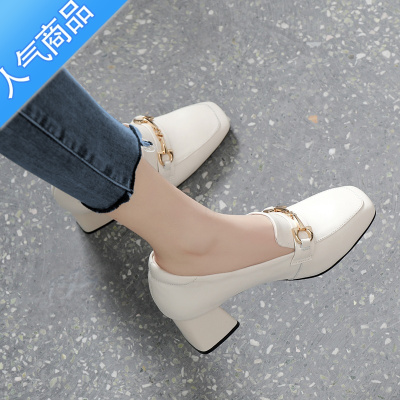 SUNTEK高跟单鞋女2023春秋新款粗跟百搭方头软皮时尚休闲工作乐福鞋