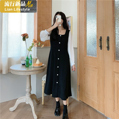 恋名媛秋季大码胖mm连衣裙女法式方领气质裙子撞色拼接显瘦收腰长裙长袖大码女装