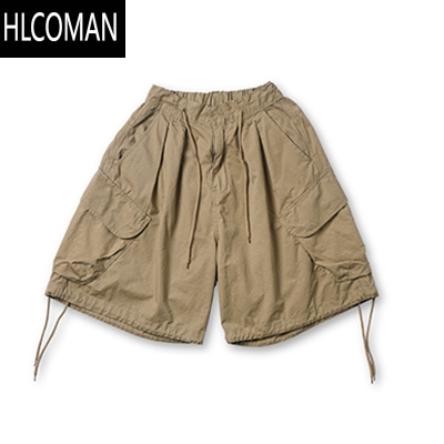 HLCOMAN夏季日系卡其色工装短裤男潮牌休闲宽松直筒大口袋抽绳阔腿五分裤
