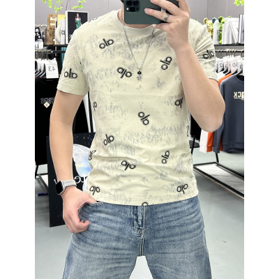 夏季新款时尚轻奢重磅时尚破洞重工字母半袖T恤男士圆领短袖打底