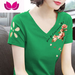 七斓短袖t恤女2023新款夏季修身大码镂空V领韩版百搭体恤衫女上衣