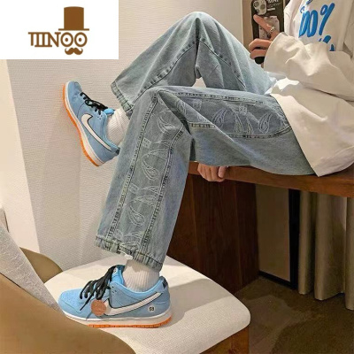 YANXU腰果花裤子男春季潮流百搭ins港风韩版阔腿牛仔裤宽松直筒九分裤