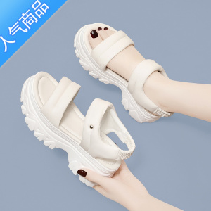 SUNTEK厚底黑色坡跟高跟凉鞋女款2023年新款夏季踩屎感外穿运动沙滩鞋子