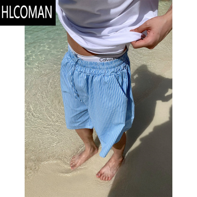 HLCOMAN美式小众蓝色条纹沙滩短裤男女夏季潮流宽松户外速干抽绳四五分裤