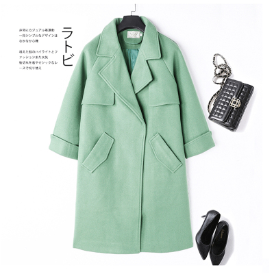 七斓蝶兰弋毛呢外套女2020新款秋东季绿色呢子大衣女装中长款宽松洋气毛呢外套