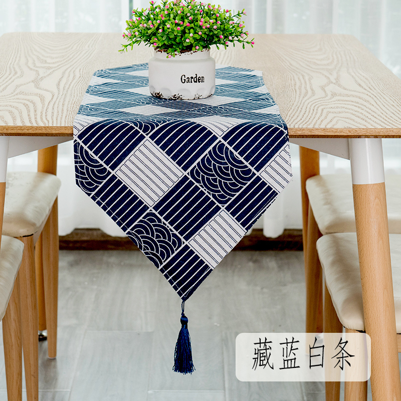 餐桌桌旗北欧现代简约家用欧式茶几桌旗轻奢民宿床旗电 藏蓝白条 30*180cm(适合120-140cm左右桌子茶几柜子)