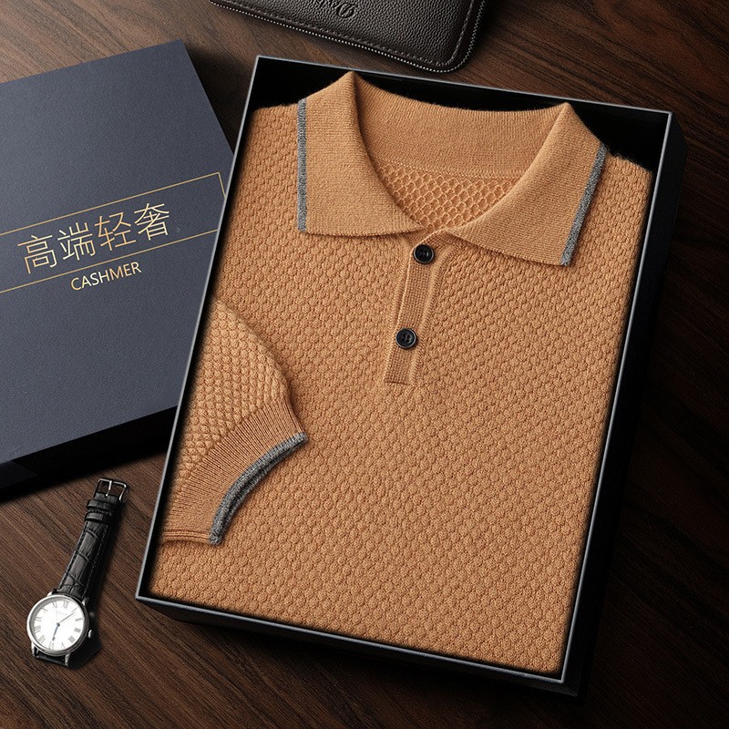 秋冬新款山羊绒衫男士polo领T恤针织毛衣商务休闲半袖POLO衫短袖