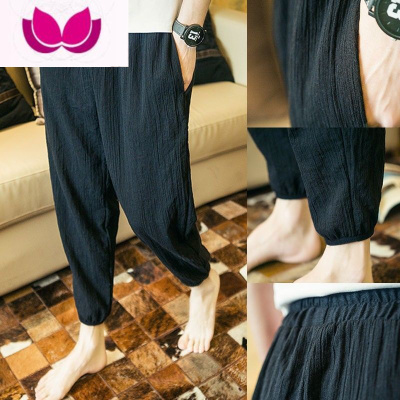 七斓亚麻裤子男夏季薄款棉麻九分裤痞帅高级中国风休闲裤高街