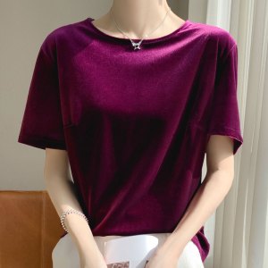 24春秋新款金丝绒上衣短袖女高端打底衫百搭显瘦韩版气质宽松洋气