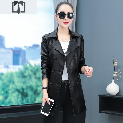 SUNTEK风衣女中长款小个子女士2021春装新款韩版宽松春秋加绒PU皮衣外套风衣