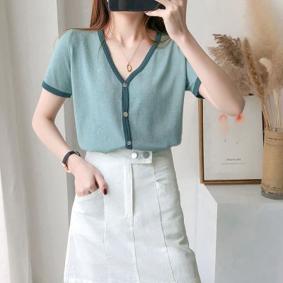 2021夏季新款冰丝短袖针织衫开衫T恤上衣女薄款V领撞色百搭显瘦缘定