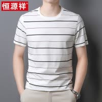 恒源祥条纹圆领短袖t恤男夏季宽松棉质体恤中年男士爸爸夏装上衣