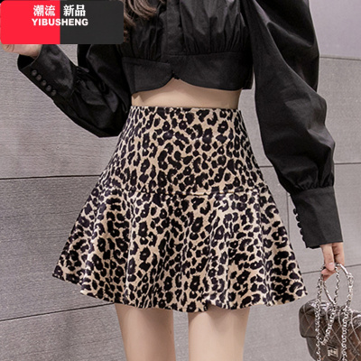 YIBUSHENG2021春秋新款韩版百搭时尚豹纹短裙女高腰显瘦遮胯大蓬蓬半身裙女