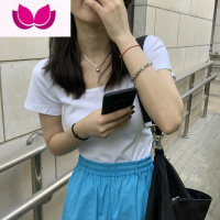 七斓U领弹力短袖黑色T恤女正肩打底衫夏季2023短款ins短上衣