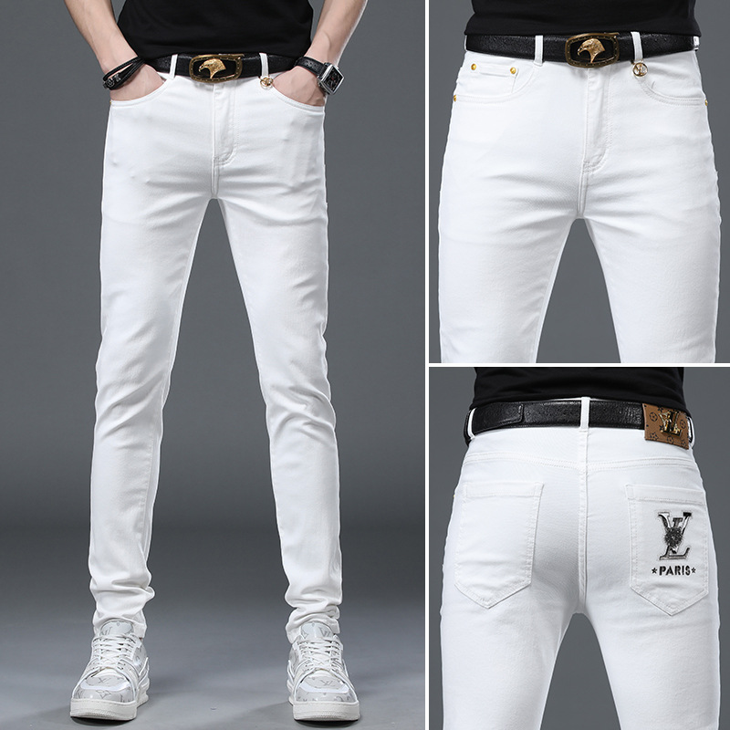 欧货轻奢白色牛仔裤男夏季薄款印花烫钻潮流修身小脚弹力牛仔长裤