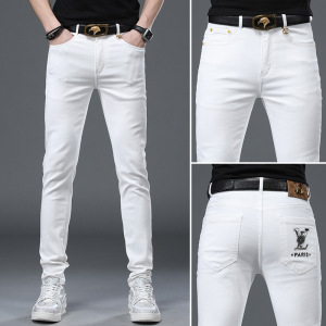 欧货轻奢白色牛仔裤男夏季薄款印花烫钻潮流修身小脚弹力牛仔长裤