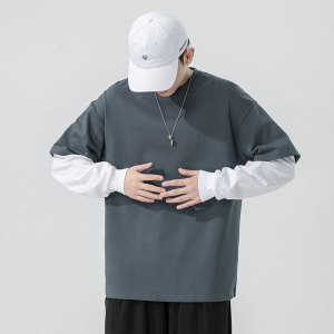 厂家多色圆领卫衣男春秋季韩版潮牌假两件长袖打底衫宽松落肩