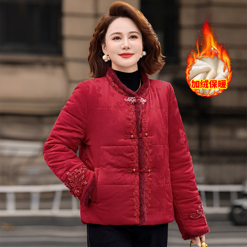 新款妈妈装加绒加厚针织开衫外套中老年女立领拉链保暖毛衣_768