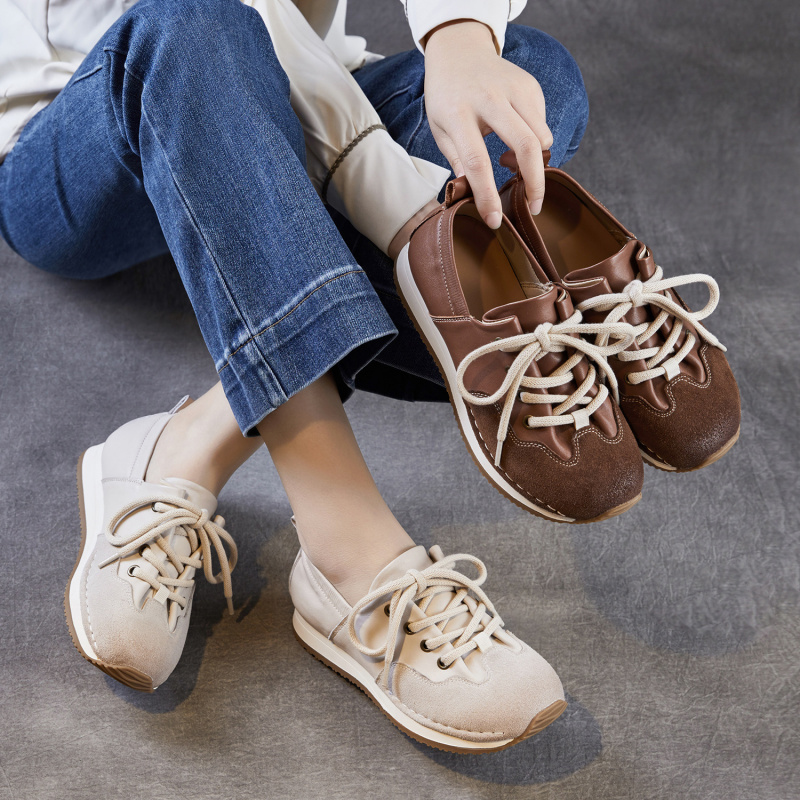 真皮德训鞋女鞋复古运动休闲鞋2026春季新款系带平底百搭单鞋