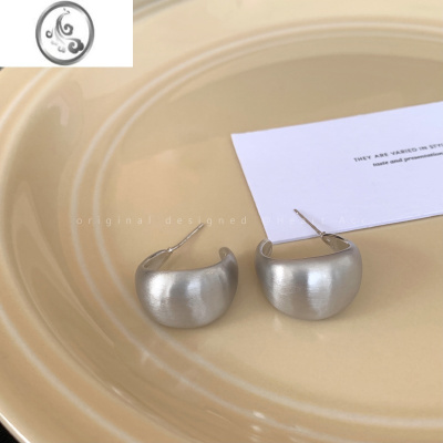 JiMi银色磨砂拉丝C型耳钉女简约冷淡风高级感耳环设计感小众气质耳饰