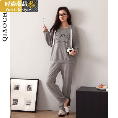 YUNWUXIN棉情侣睡衣春秋季连帽灰色长袖女士套装休闲宽松可外穿家居服男睡衣