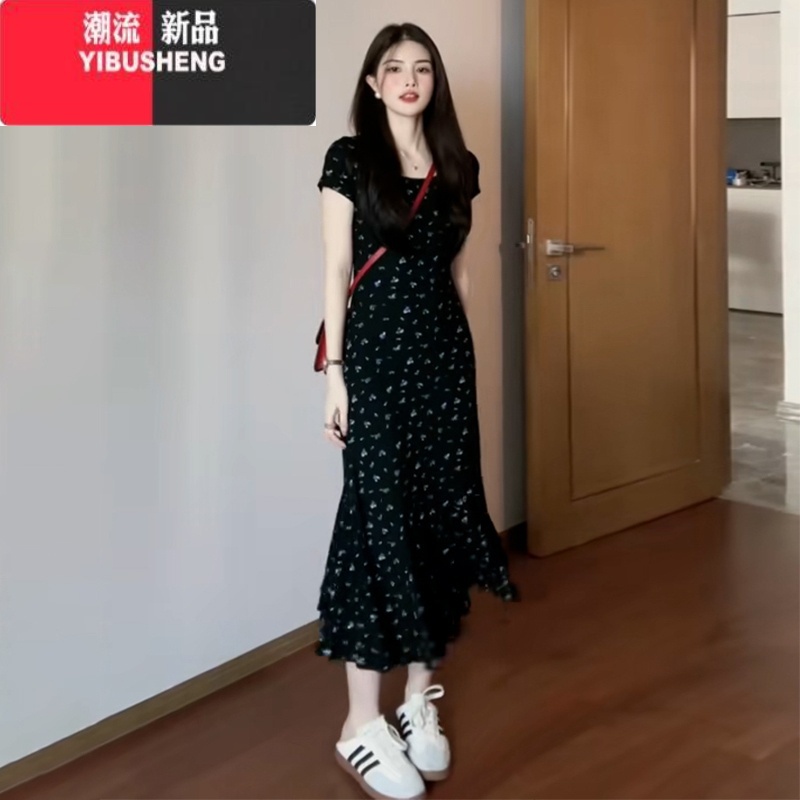 YIBUSHENG法式黑色碎花短袖连衣裙子女装季2024新款修身收腰显瘦气质长裙