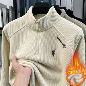 半拉链加绒男士针织衫秋冬季新款立领时尚休闲刺绣加厚保暖卫衣男