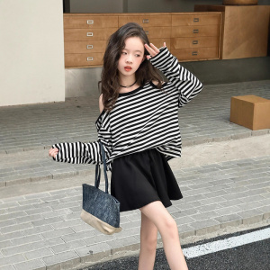 女童套装秋季新款儿童早穿搭大童条纹露肩卫衣半身裙两件套
