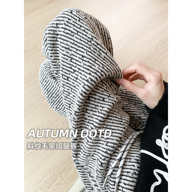 斜条纹毛呢阔腿裤女新款秋冬款加绒窄版垂感直筒小个子休闲裤