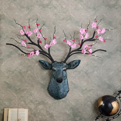 鹿头壁挂壁饰客厅电视背景墙面装饰挂件玄关墙上墙壁装修挂饰宝蓝色带粉色花