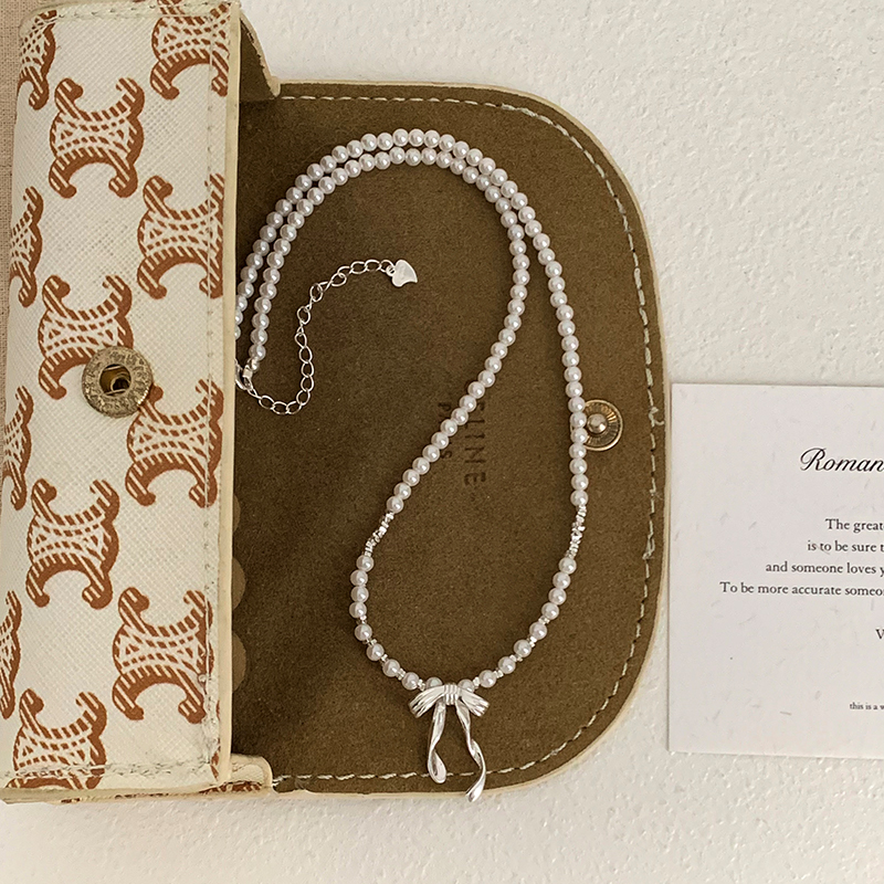 s925纯银丝带蝴蝶结珍珠项链高级感轻奢小众甜美毛衣链女饰品送女朋友老婆情人节七夕生日礼物