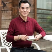 SUNTEK春秋季中老年男士长袖t恤爸爸春装上衣服棉本命年牛红色打底衫T恤