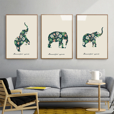 舒厅客厅装饰画北欧发财鹿三联画卧室玄关现代简约床头壁画沙发背景墙挂画酒店壁画三只小象-原木框连框40*60cm