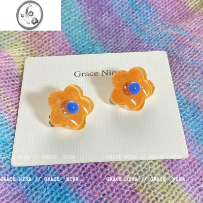 JiMi夏日涂鸦~彩色花朵耳夹女无耳洞耳饰2023新款y2k气质甜美耳环