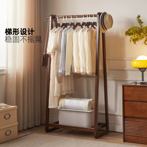 爱必居全实木新中式落地衣帽架家用挂衣架进口橡胶木 100cm胡桃色