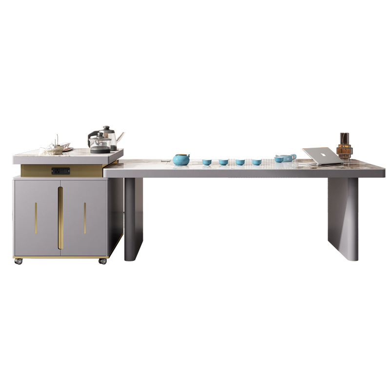 晋舰 现代轻奢岩板餐桌岛台茶桌烧水壶一体桌客厅泡茶桌椅 2.0米1桌6椅