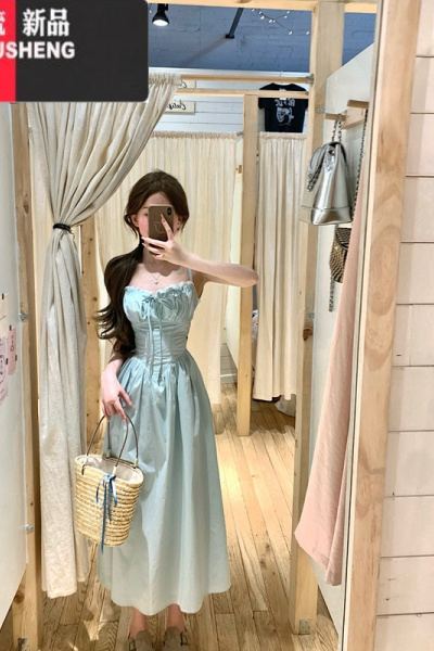 YIBUSHENG薄荷绿蕾丝吊带连衣裙女季小个子收腰a字裙子海边度假露背长裙