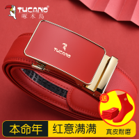 啄木鸟本命年红腰带自动扣皮带男士真皮结婚2025蛇年礼物送父亲