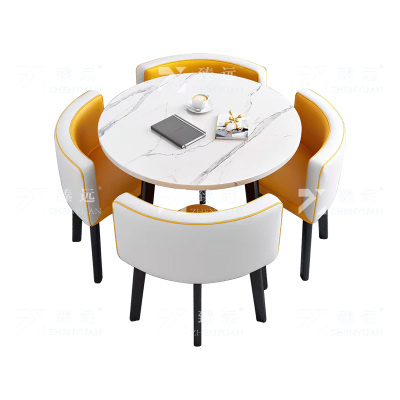 臻远 ZY4100935 简约接待桌椅洽谈桌椅 一桌四椅 白石根圆黄白皮椅